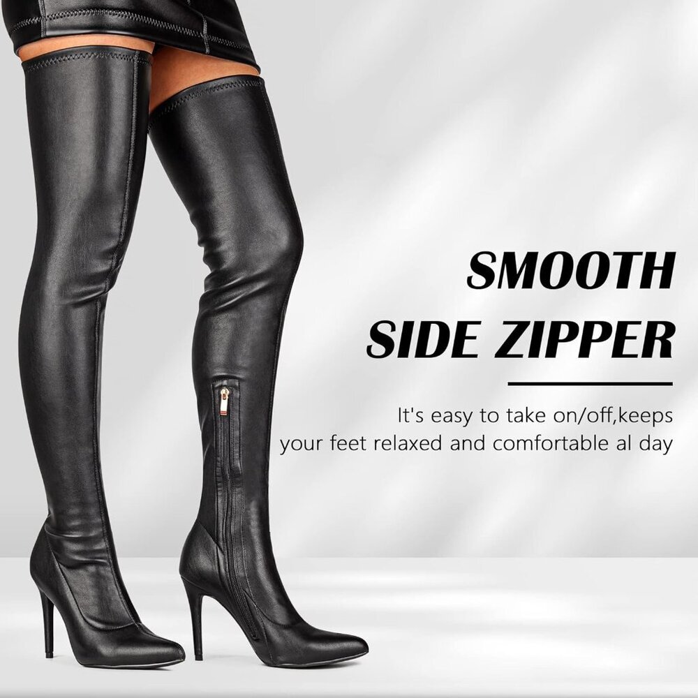 Women's Black Matte Pu Suede Pointed Toe Thigh High Side Zipper Heel Boot - Picture 3 of 5